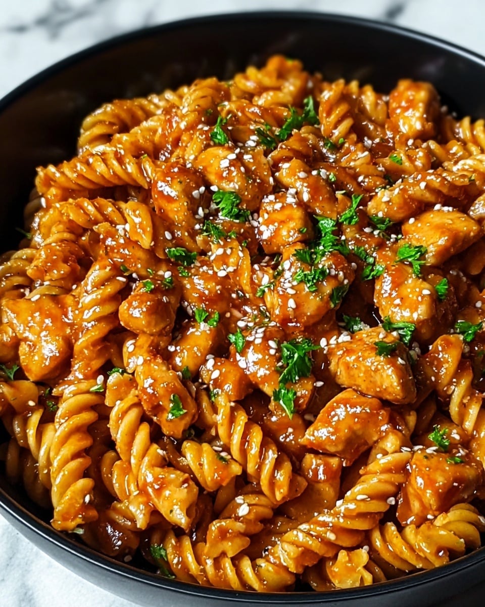A close-up of a black bowl filled with rotini pasta and chunks of chicken, all coated in a glossy orange-red sauce; the pasta is spiral-shaped with a smooth and slightly shiny texture, mixed evenly with tender, bite-sized pieces of chicken that have a light golden-brown sear; small green parsley leaves are sprinkled on top for a fresh contrast, and tiny white sesame-like seeds are scattered throughout the dish, enhancing its texture. The background shows a white marbled surface. photo taken with an iphone --ar 4:5 --v 7