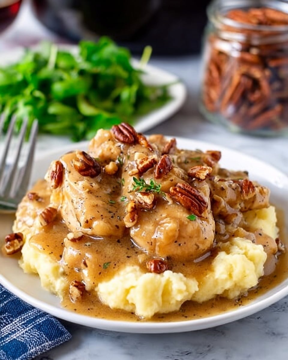 The image shows a white plate on a white marbled surface, filled with three layers of food. The bottom layer is creamy, white mashed potatoes, smooth and thick. On top of the mashed potatoes, there are several pieces of brown, saucy chicken covered in a glossy brown gravy with specks of black pepper. The gravy is thick and coats the chicken well, with chopped pecans sprinkled over it, adding texture and color contrast. Behind the chicken, there is a small bunch of fresh green leafy garnish. A fork and a knife rest on a striped gray and white cloth to the left of the plate. Photo taken with an iphone --ar 4:5 --v 7