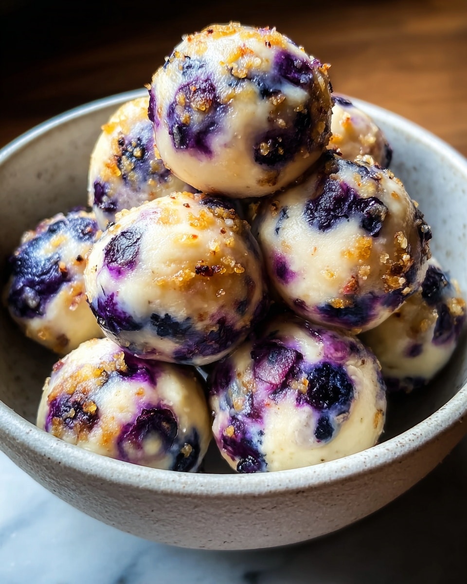 A close-up view of a bowl filled with round dessert balls made of creamy white dough mixed with whole blueberries. Each ball shows a mix of smooth pale yellow surface with bursts of deep purple from the blueberries inside. The tops of the balls are golden brown and slightly crispy with small toasted crumbs, giving a soft crunch texture. The dessert balls are stacked closely together inside a white bowl, which has a subtle rough texture. The background is a white marbled texture. photo taken with an iphone --ar 4:5 --v 7