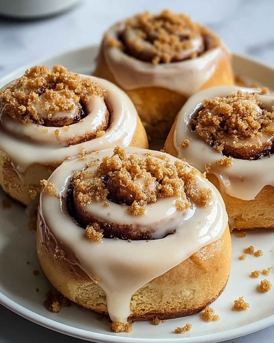 Four cinnamon rolls sit closely together on a white plate, each roll having a smooth, light brown dough spiral with a thick layer of creamy, beige icing dripping down the sides. On top of the icing, there is a layer of crumbly, golden brown streusel sprinkled on the center of each roll, adding texture. The cinnamon swirls inside the dough are visible, darker brown and moist. Some extra streusel crumbs lie scattered around the base on the plate. The whole scene rests on a white marbled surface. photo taken with an iphone --ar 4:5 --v 7