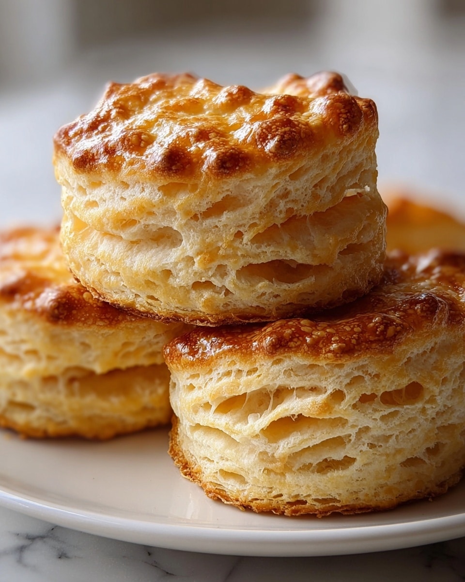The image shows a close-up of three layered biscuits stacked on a white plate, placed on a white marbled surface. Each biscuit has a golden-brown top with small crispy patches and a slightly glossy texture, suggesting melted cheese or butter. The biscuits have thick, visible layers inside, showing a light cream color with pockets of air, giving them a fluffy and soft look. The top biscuit is round and sits directly on top of two square biscuits, with the layers clearly visible on their sides. The overall tone is warm, and the focus is on the biscuit layers, highlighting their flaky texture. Photo taken with an iphone --ar 4:5 --v 7