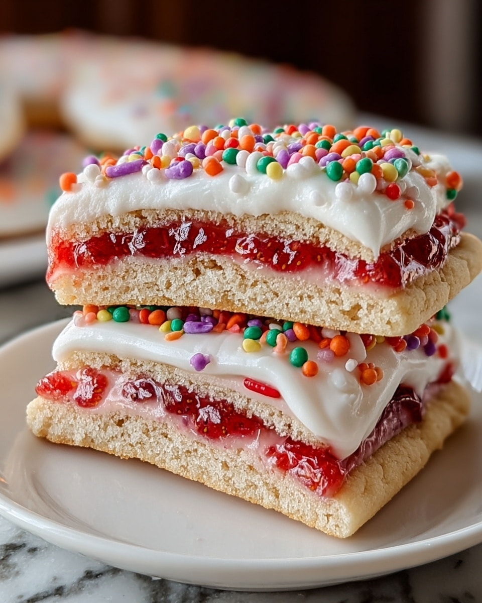 The image shows two rectangular cookies stacked on a white plate with soft edges, placed on a white marbled surface. Each cookie has three layers: a bottom light beige, crumbly cookie base; a middle layer of red strawberry jam with visible fruit chunks; and a top thick white frosting layer covered with small, round, colorful sprinkles in orange, green, purple, white, and yellow. The upper cookie is cut in half, showing the inside layers clearly. Photo taken with an iphone --ar 4:5 --v 7