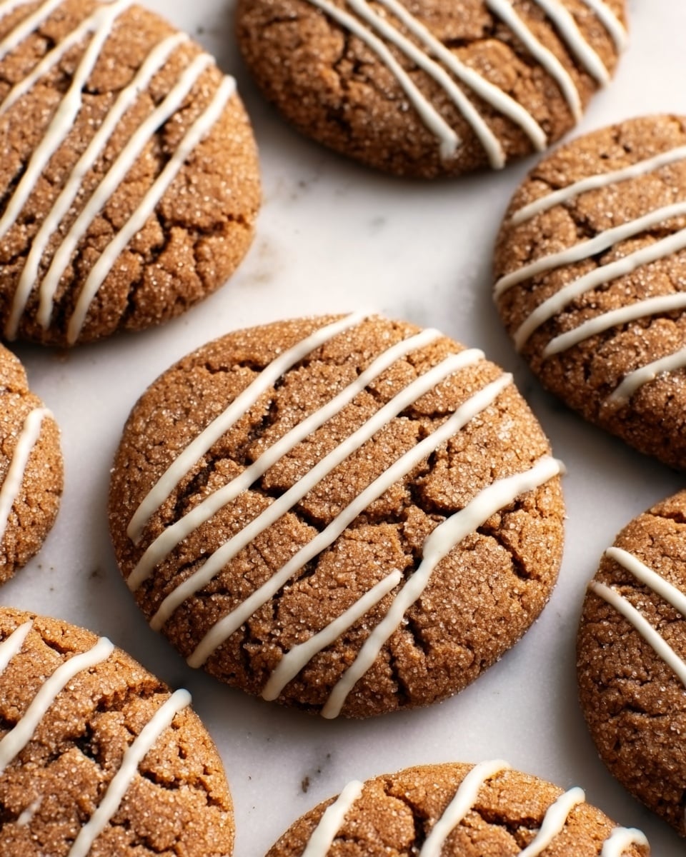 A close-up of seven round cookies on a white marbled surface, each cookie golden brown with a slightly cracked texture, and drizzled with thin lines of white icing diagonally across the top. The cookies are arranged loosely with some overlapping, showing a soft yet slightly crumbly texture. Photo taken with an iphone --ar 4:5 --v 7