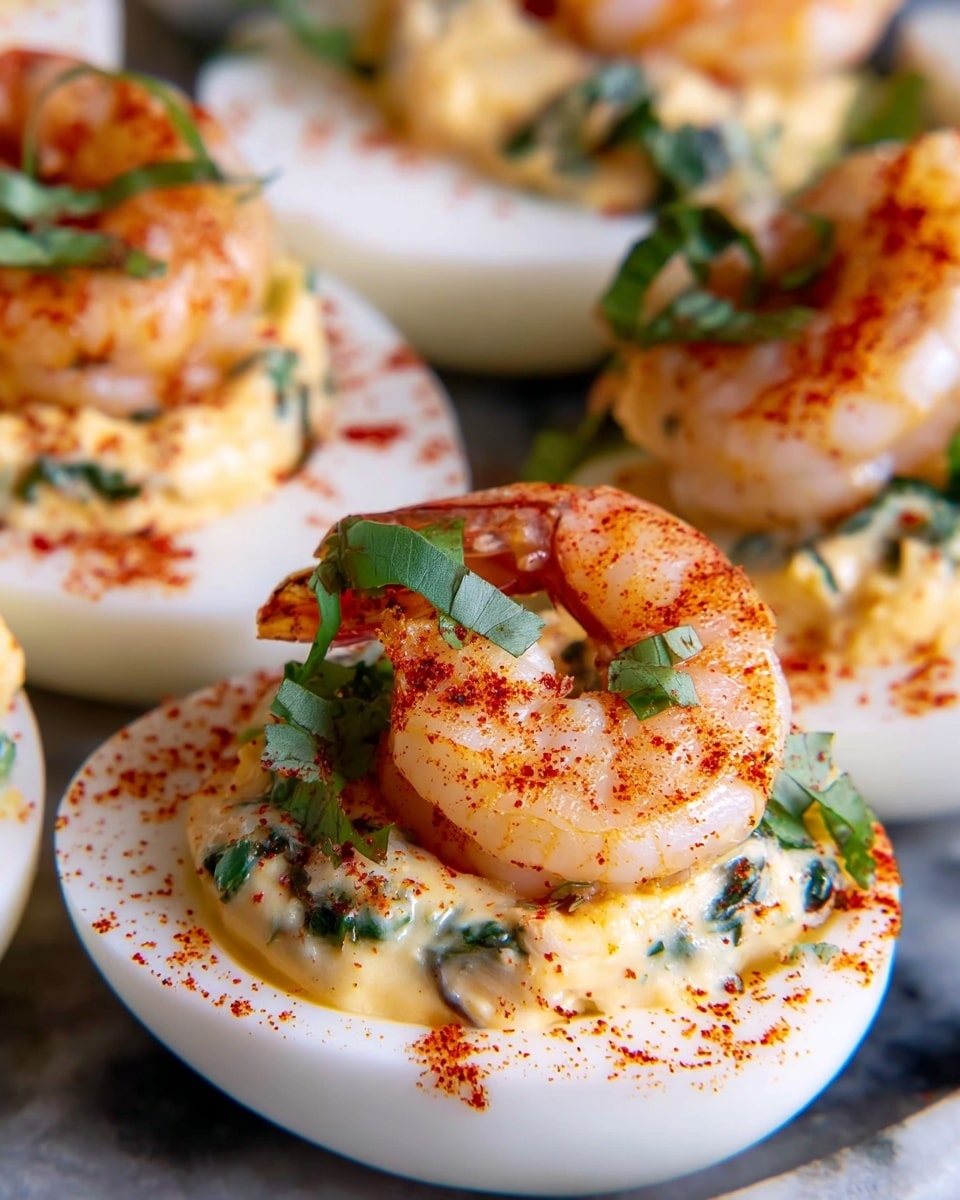 The image shows several deviled eggs each cut in half with smooth white egg whites as the base layer. The next layer is a creamy, pale yellow egg yolk filling mixed with green herbs for texture and color. On top of the filling, there are small cooked shrimp that are orange-pink with light char marks, garnished with bright green herb leaves. A sprinkle of red paprika powder is dusted over both the eggs and the filling, adding a fine red touch. All the deviled eggs rest on a shiny white marbled surface. photo taken with an iphone --ar 4:5 --v 7