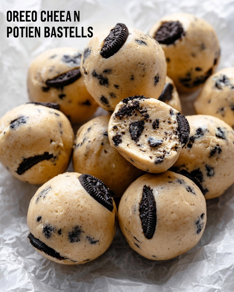 A close-up view of a cluster of round cream cheese Oreo protein balls placed on crinkled white paper over a white marbled surface. Each ball is smooth and pale beige in color with visible chunks and pieces of dark brown and black Oreo cookies embedded throughout. Some balls have small Oreo halves or partial cookie pieces pressed into their tops and sides, creating a textured, crumbly contrast against the smooth cream-colored dough. The balls appear slightly glossy, suggesting a dense and moist texture, and they are grouped closely together filling the frame. photo taken with an iphone --ar 4:5 --v 7