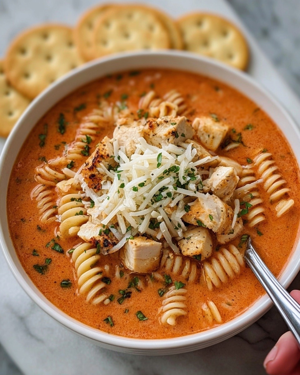 A white bowl filled with creamy orange soup with visible rotini pasta spirals submerged throughout. On top, there are several browned grilled chicken cubes scattered around, with a small pile of shredded white cheese placed in the center, sprinkled lightly with chopped green herbs. The soup looks thick with small bits of tomato and herbs mixed in, while the edge of the bowl rests on a white marbled surface. Nearby, there are round golden-brown crackers and a silver knife partially visible. photo taken with an iphone --ar 4:5 --v 7