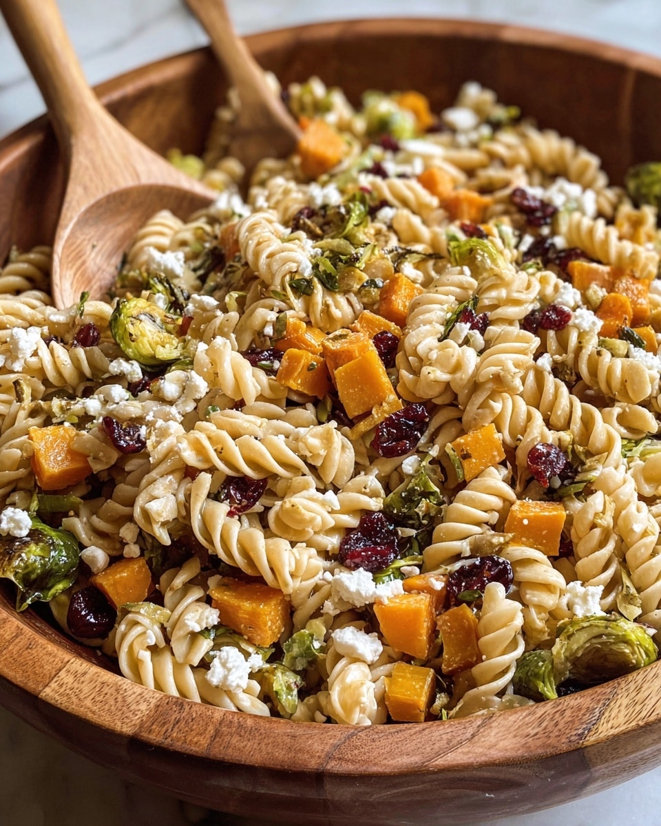A large wooden bowl filled with rotini pasta, mixed with small cubes of orange squash, pieces of green Brussels sprouts, and small chunks of white cheese sprinkled evenly on top. There are also scattered dried red cranberries throughout the dish. The pasta and vegetables are lightly coated with a sauce that gives a slight shine. In the corner, a wooden spoon rests on the edge of the bowl. The setting features a white marbled textured surface. photo taken with an iphone --ar 4:5 --v 7