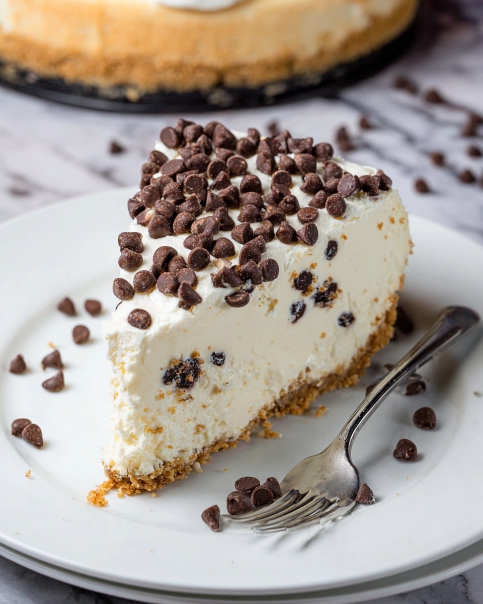 A single slice of a pie with three visible layers sits on a white plate with a silver fork beside it. The bottom layer is a golden-brown crust with a crunchy texture. The middle layer is thick and creamy white with small chocolate chips mixed throughout. The top layer is a white whipped cream-like topping covered generously with many small dark chocolate chips. Some chocolate chips are scattered on the plate near the slice. The plate is placed on a surface with a white marbled texture. Photo taken with an iphone --ar 4:5 --v 7