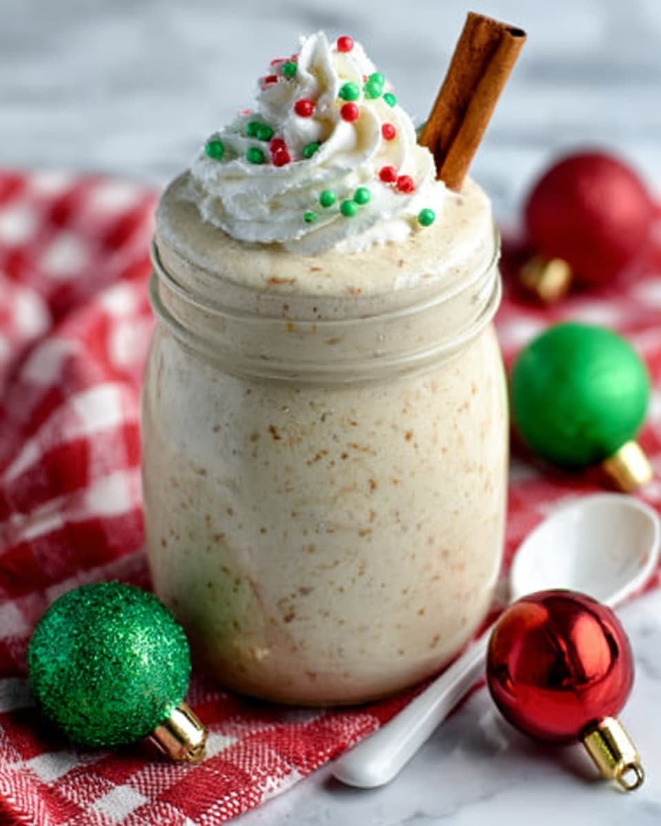 The image shows a creamy, light beige drink served in a clear glass jar with a white rim. The top layer has a thick swirl of white whipped cream, decorated with small red and green round sprinkles. A cinnamon stick is placed upright in the whipped cream on the right side. The jar sits on a red and white checkered cloth over a white marbled surface, with a white spoon beside it. There are blurred Christmas ornaments in green and red colors near the jar, adding a festive touch. Photo taken with an iphone --ar 4:5 --v 7
