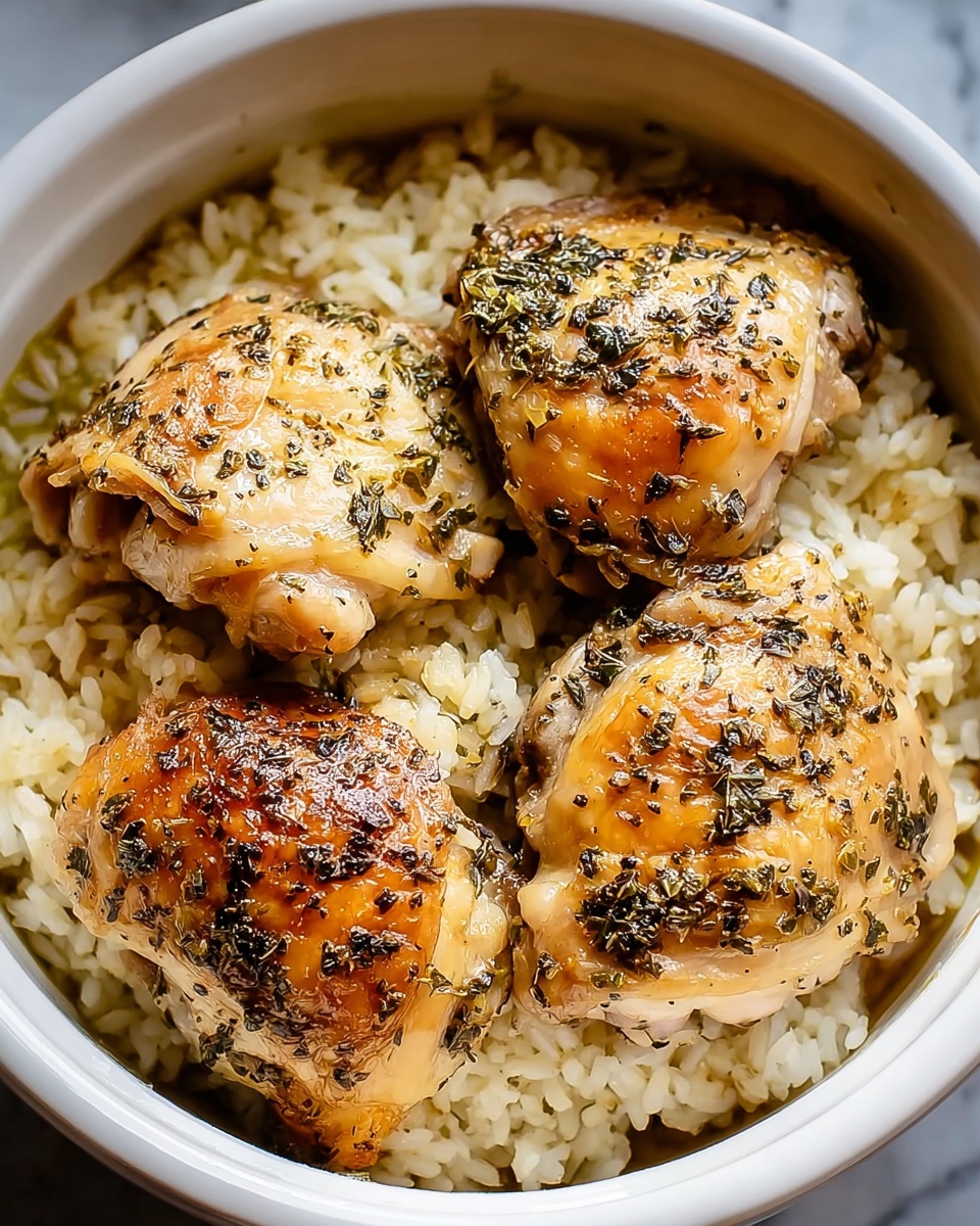 A round white bowl filled with cooked white rice at the bottom as the first layer, soft and slightly wet looking with a light shine; on top, three large browned chicken thighs sit evenly spaced, with golden-brown crispy skin mixed with patches of lighter cooked chicken, sprinkled with small chopped green herbs that add a fresh touch. The bowl’s edge shows some light browning from cooking. The whole scene rests on a white marbled texture surface. photo taken with an iphone --ar 4:5 --v 7