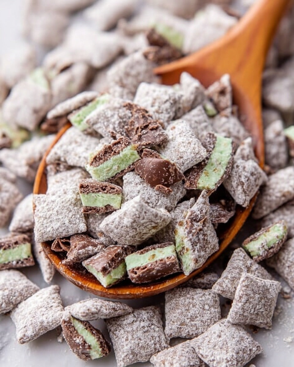 A close-up image of a wooden spoon holding a pile of puppy chow, which is a snack made of small square cereal pieces covered with a white powdered sugar coating. Mixed in are small pieces of chocolate with a striped pattern of brown and pale green layers. The spoon rests on a large pile of the same puppy chow scattered on a white marbled surface. The colors include the light gray powder on the cereal, the dark brown and pale green on the chocolate, and the natural wood color of the spoon. photo taken with an iphone --ar 4:5 --v 7