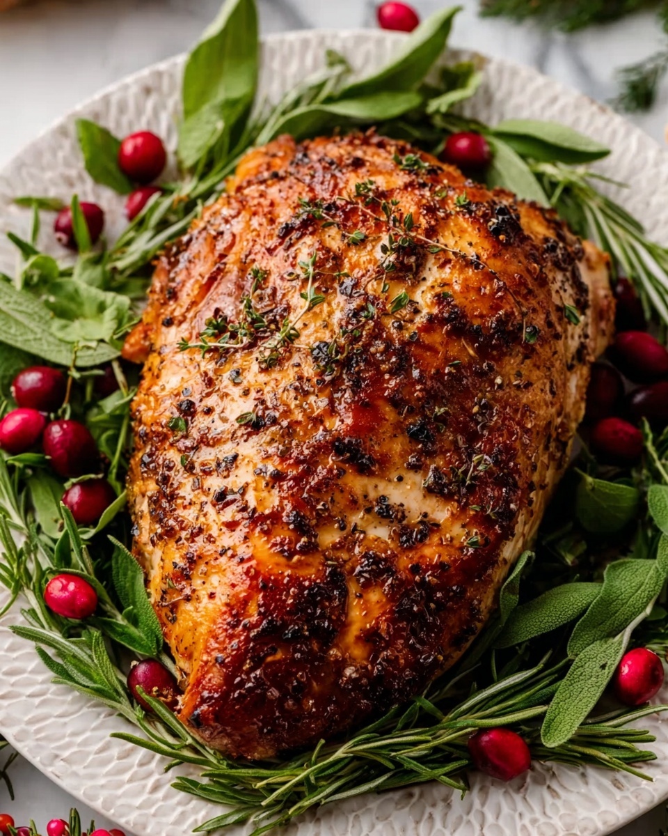 A roasted turkey breast sits in the center of a white plate with a subtle textured pattern, the turkey skin golden brown and crispy with visible black pepper and herbs sprinkled on top. Surrounding the turkey are fresh green herbs with long leaves, some of which look like rosemary and sage, creating a natural border around the meat. Bright red cranberries are scattered around the herbs, adding pops of color against the white plate. The plate is placed on a white marbled surface, enhancing the warm colors of the food. photo taken with an iphone --ar 4:5 --v 7