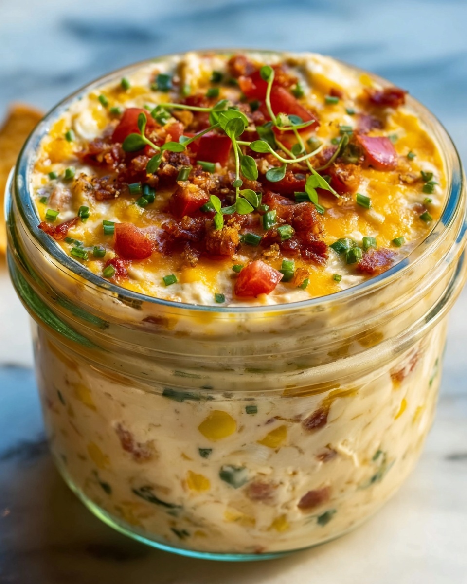 A close-up view of a transparent glass bowl filled with a creamy layered dish. The bottom layer is smooth and golden yellow, topped with a thick layer of melted cheese in light yellow and white tones unevenly covering the surface. Sprinkled on top are small pieces of finely chopped green herbs and bits of browned bacon or ham, adding texture and color contrast. The bowl is placed on a white marbled surface, and the lighting highlights the rich and gooey texture of the cheese. photo taken with an iphone --ar 4:5 --v 7
