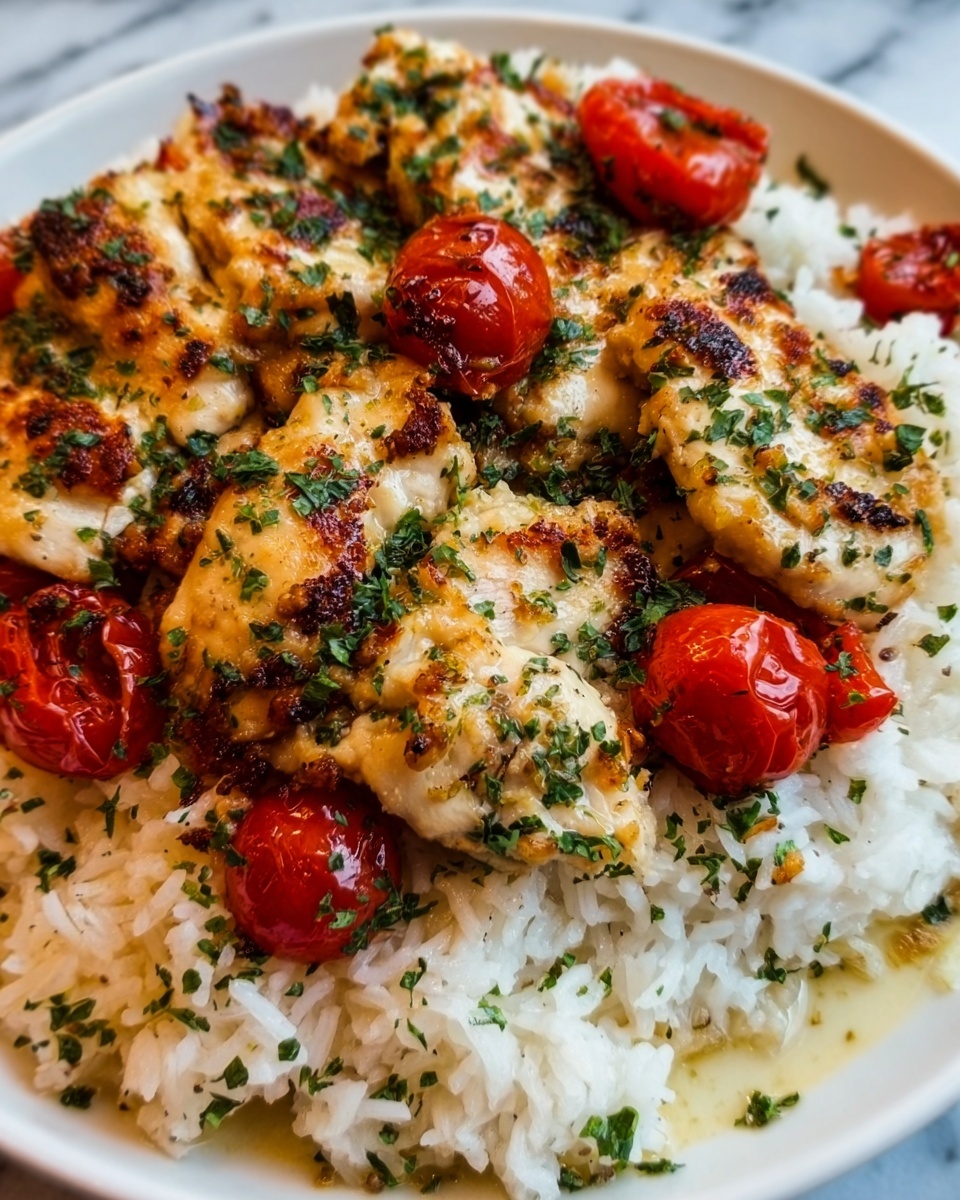The image shows a close-up of a white plate filled with a bed of fluffy white rice topped with several grilled chicken pieces. The chicken has a golden-brown color with slight char marks and looks juicy. Cherry tomatoes are scattered among the chicken, adding bright red color to the dish. The dish is garnished with finely chopped green herbs sprinkled evenly on top. The overall texture of the chicken is slightly crispy on the outside, while the rice looks soft and fluffy. The background is a white marbled surface. Photo taken with an iphone --ar 4:5 --v 7