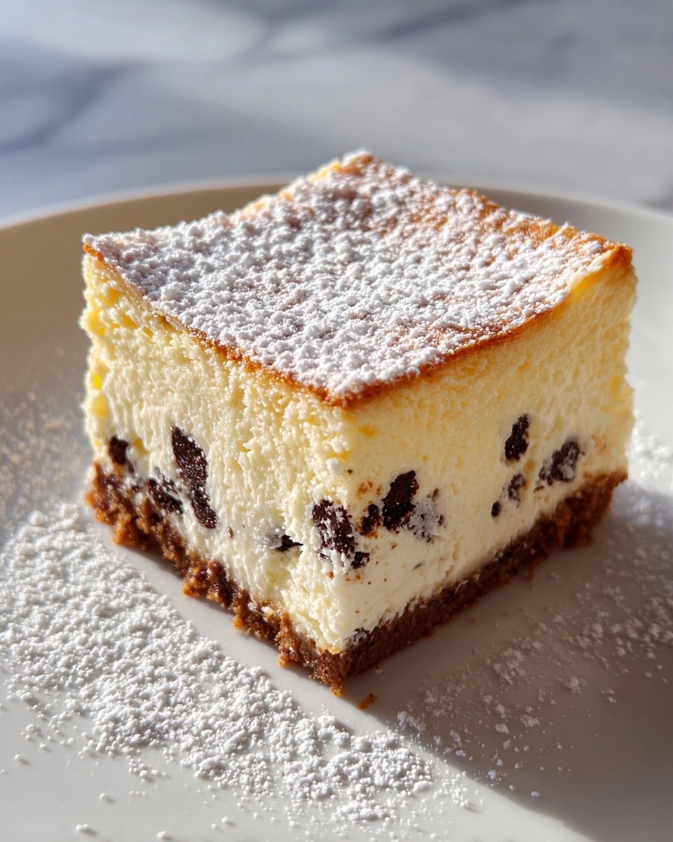 A square slice of cheesecake with three visible layers sits on a white plate over a white marbled surface. The bottom layer is a thick, crumbly brown crust. The middle layer is thick and creamy white cheesecake filling, dotted with small dark chocolate chunks spread evenly inside. The top layer is a thin, light golden-brown baked top dusted generously with powdered sugar, some of which has spilled slightly onto the plate. The cheesecake's texture looks soft and smooth with a slightly browned edge. photo taken with an iphone --ar 4:5 --v 7