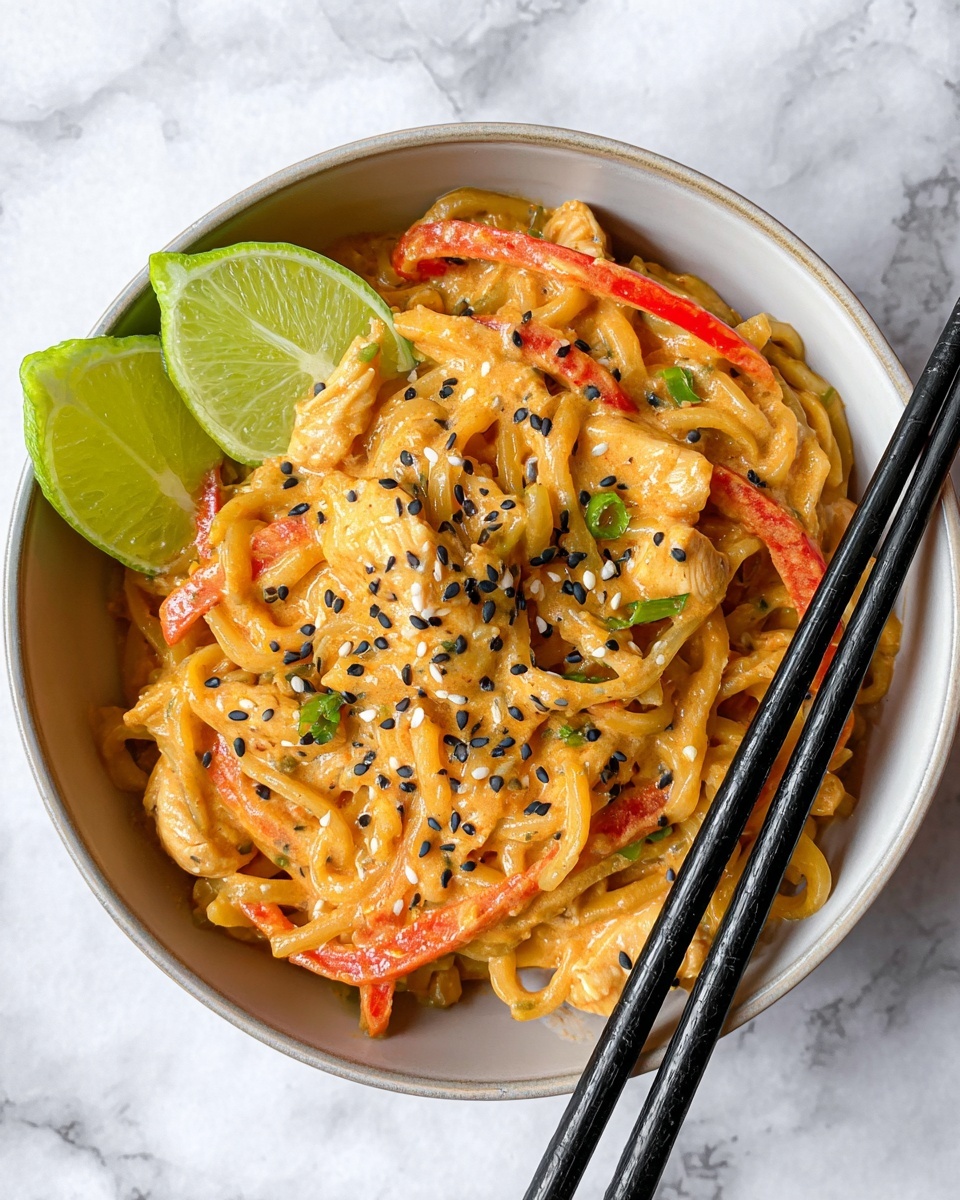 A white bowl filled with creamy orange noodles mixed with light strips of chicken or tofu and thin slices of red bell pepper, all covered in a rich sauce. Two bright green lime wedges sit on top near the edge. Black and white sesame seeds are sprinkled evenly over the noodles. A pair of black chopsticks rests diagonally on the bowl's edge. The bowl is placed on a white marbled surface. photo taken with an iphone --ar 4:5 --v 7