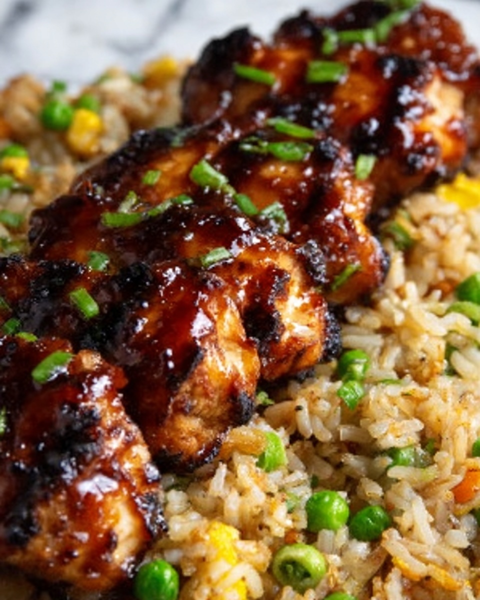 The image shows a close-up of grilled chicken pieces with a shiny, dark brown glaze on top. The chicken is arranged in a row and placed on a bed of fried rice mixed with green peas and small bits of scrambled eggs. The rice looks light brown and slightly oily, with the chicken's glaze reflecting light, making it look juicy and fresh. The meal is set against a white marbled surface. Photo taken with an iphone --ar 4:5 --v 7