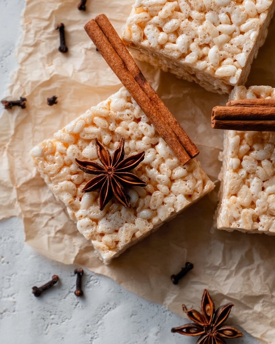 The image shows square rice crispy treats with a light beige color and a glossy texture on top. One square is placed in the center with two cinnamon sticks and a star anise on it, adding a warm brown contrast. The treats have visible puffed rice pieces mixed with a sticky binding. The background is crinkled parchment paper on top of a white marbled surface, giving a soft, natural look. Other rice crispy squares are partially visible in the background around the central piece. photo taken with an iphone --ar 4:5 --v 7