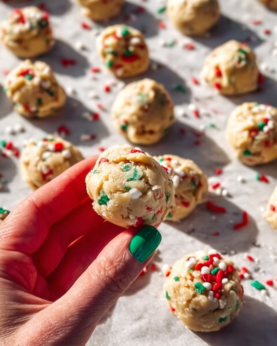 The image shows several raw cookie dough balls dotted with red, green, and white sprinkles placed on parchment paper over a white marbled surface. In the foreground, a woman's hand with dark green nail polish is holding one dough ball close to the camera, showing its smooth, slightly crinkled texture and colorful sprinkles embedded throughout. The scattered dough balls in the background catch soft natural light, creating gentle shadows. Photo taken with an iphone --ar 4:5 --v 7