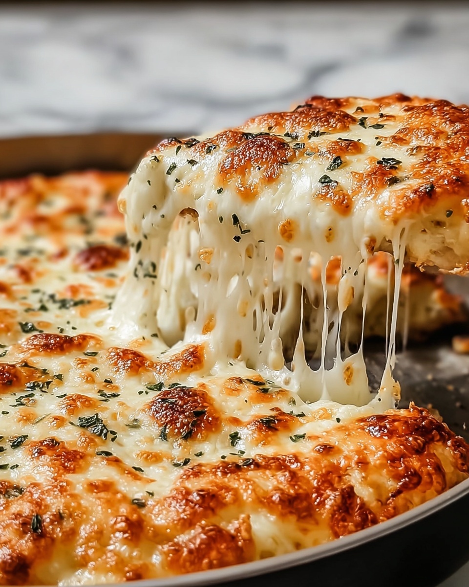 A close-up view of a pizza slice being lifted from a white round pan revealing a thick, melted cheese layer that is golden brown with bubbly spots; the cheese stretches in gooey strands from the slice to the pan. The pizza is topped with small green herbs scattered evenly over the cheese. The crust beneath is barely visible but looks golden and crispy. The whole scene is set against a white marbled texture. photo taken with an iphone --ar 4:5 --v 7