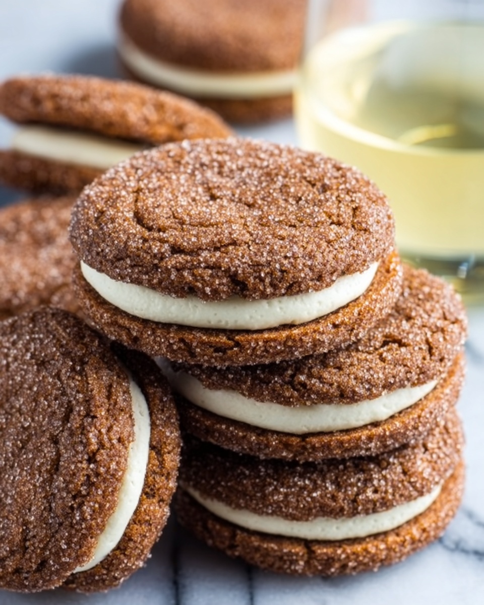 The image shows a stack of three cookie sandwiches on a white marble surface. Each sandwich has two textured, deep brown cookies with a slightly rough, sugary outer layer. Between the cookies is a smooth, creamy white filling, evenly spread and about one-third the thickness of one cookie. The cookies have a round shape, and the top cookie in the stack is slightly tilted, revealing the thick, creamy middle layer. In the background, there is a blurry glass with a light yellow drink. Photo taken with an iphone --ar 4:5 --v 7