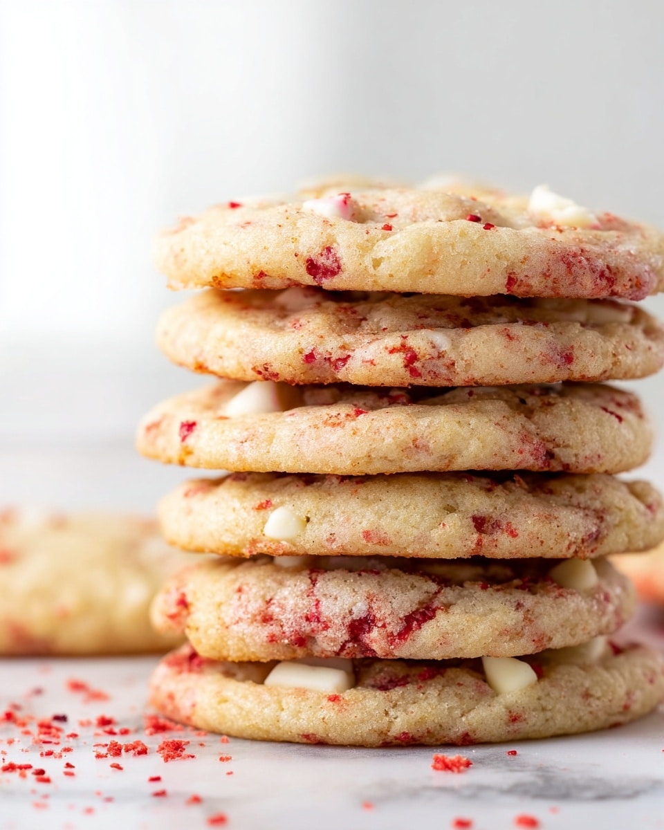A close-up view of a stack of five soft cookies with a light beige color, each cookie showing unevenly spread red spots and white chips embedded throughout. The cookies are slightly thick, with a textured surface that looks soft and chewy. They rest on a white marbled texture with a few red crumbs scattered around. In the background, there is a blurred glass of milk and a white and red round candy near the stack. Photo taken with an iphone --ar 4:5 --v 7