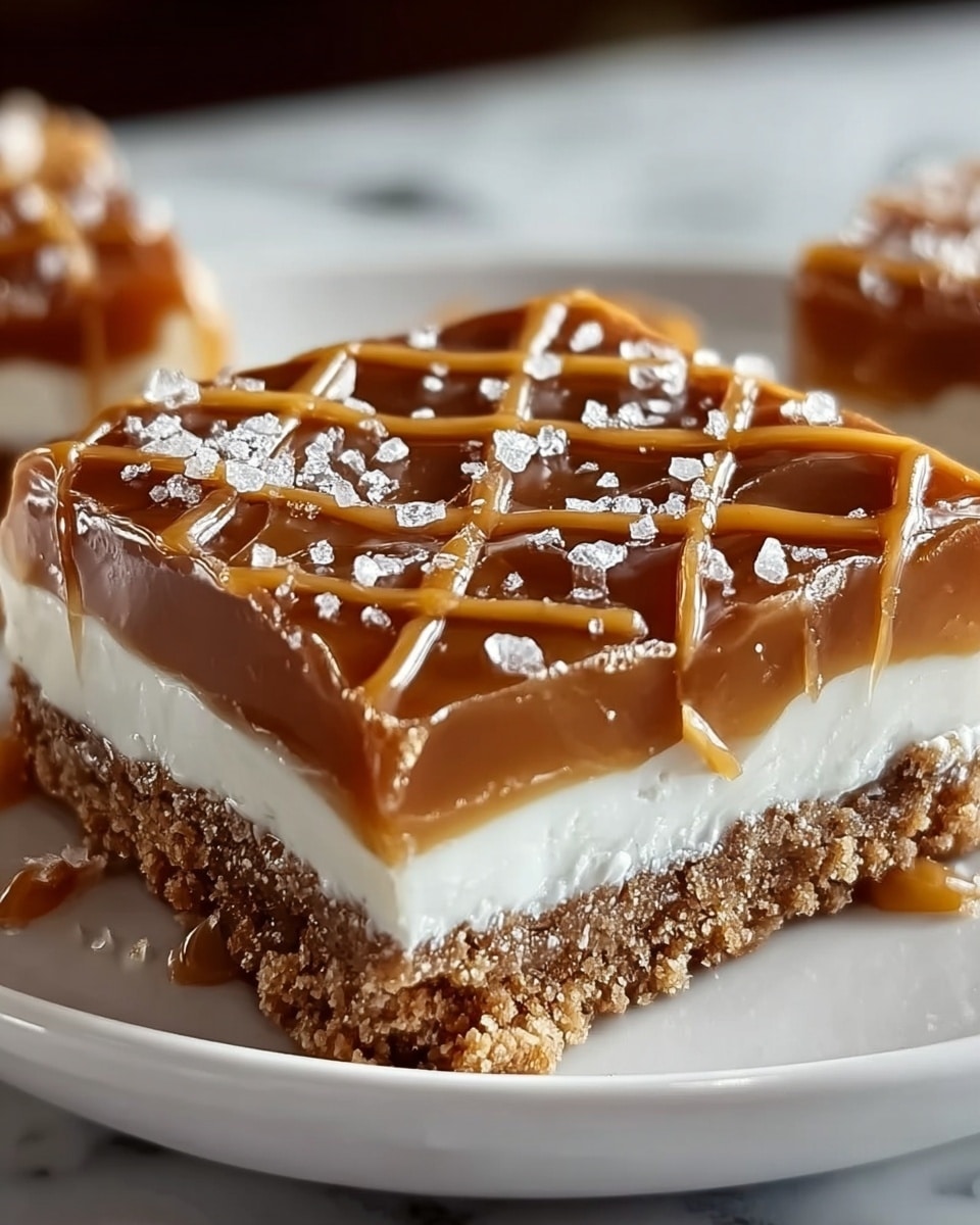 The image shows a close-up of a dessert bar with three distinct layers on a white plate, placed on a white marbled surface. The bottom layer is a crumbly, brown crust with a rough texture, likely made from crushed cookies or nuts. Above that is a thick, smooth white layer resembling cream or a marshmallow filling. The top layer is a glossy, rich caramel color, spread evenly and decorated with light brown pretzel pieces drizzled with more caramel and sprinkled with coarse white sea salt crystals. The focus is sharp on the front dessert bar, with blurred bars in the background. photo taken with an iphone --ar 4:5 --v 7