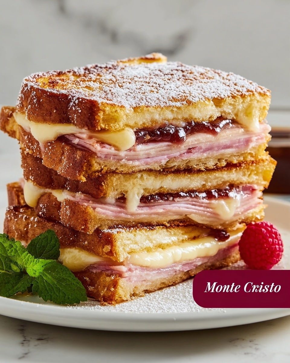 The image shows a close-up of a Monte Cristo sandwich with three layers of toasted golden-brown bread, each layer slightly crispy with a light dusting of powdered sugar. Between the bread layers, there are alternating slices of pink ham and melted pale yellow cheese, and a dark red jam or sauce is visible spreading thinly inside. The sandwich is placed on a white plate with a small green mint leaf and a fresh red raspberry on the side, all set against a white marbled background. photo taken with an iphone --ar 4:5 --v 7