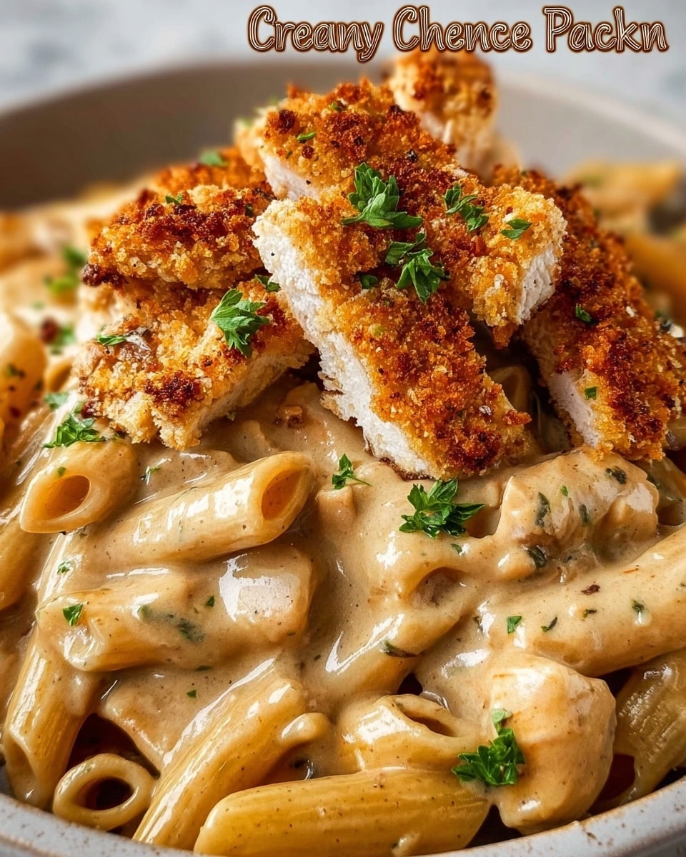 A close-up image of a creamy penne pasta dish with cooked chicken pieces on top. The bottom layer is the creamy white sauce coated thickly over the penne pasta, which is pale yellow with smooth texture. Scattered throughout the pasta are small chunks of cooked white chicken meat. On top, there are golden brown, crispy-looking chicken pieces adding a crunchy texture. Small bits of green parsley are sprinkled evenly over the chicken and pasta, adding color contrast. The dish sits on a white plate with a white marbled surface background. photo taken with an iphone --ar 4:5 --v 7