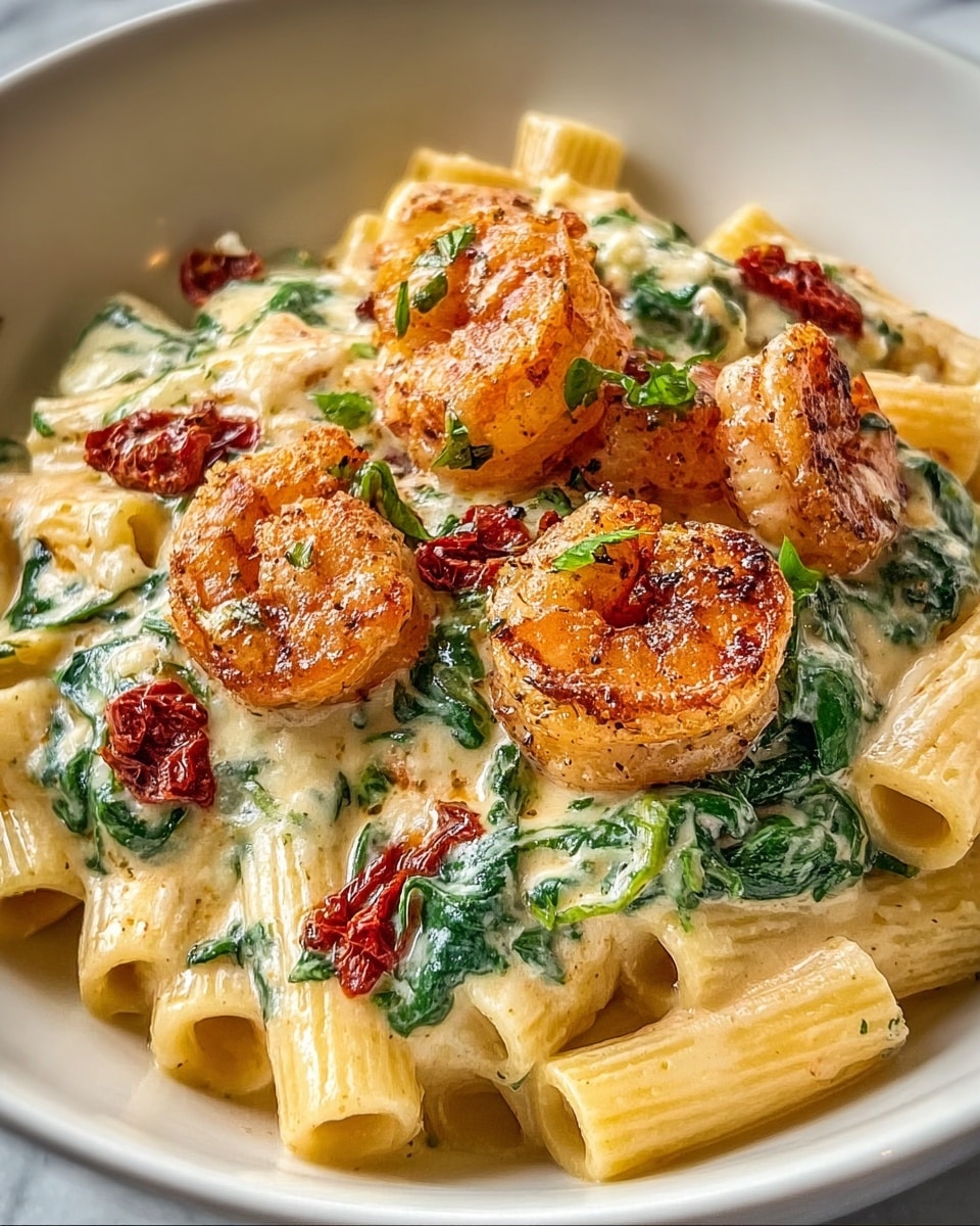 A white bowl filled with creamy pasta made of rigatoni noodles coated in a thick, light cream sauce mixed with wilted dark green spinach leaves and small pieces of sun-dried red tomatoes scattered evenly throughout. On top, there are four well-cooked shrimp with a slight golden-brown sear, adding a textured and slightly crispy look. The sauce is speckled with black pepper and herbs, giving a rich, flavorful appearance. The whole dish sits on a white marbled textured background. photo taken with an iphone --ar 4:5 --v 7