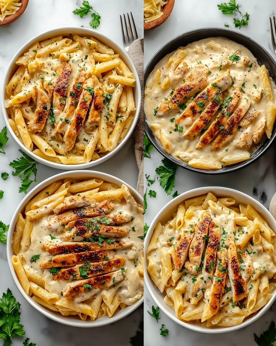 A close-up view of creamy pasta with grilled chicken served in black bowls. Each bowl contains a layer of penne pasta coated in a rich, white cream sauce with a smooth texture. On top of the pasta are several pieces of golden-brown grilled chicken strips, slightly charred for a crispy look. Fresh green parsley is sprinkled across the dish, adding a touch of color and freshness. The background consists of a white marbled surface with small scattered herbs around the bowls. Photo taken with an iphone --ar 4:5 --v 7