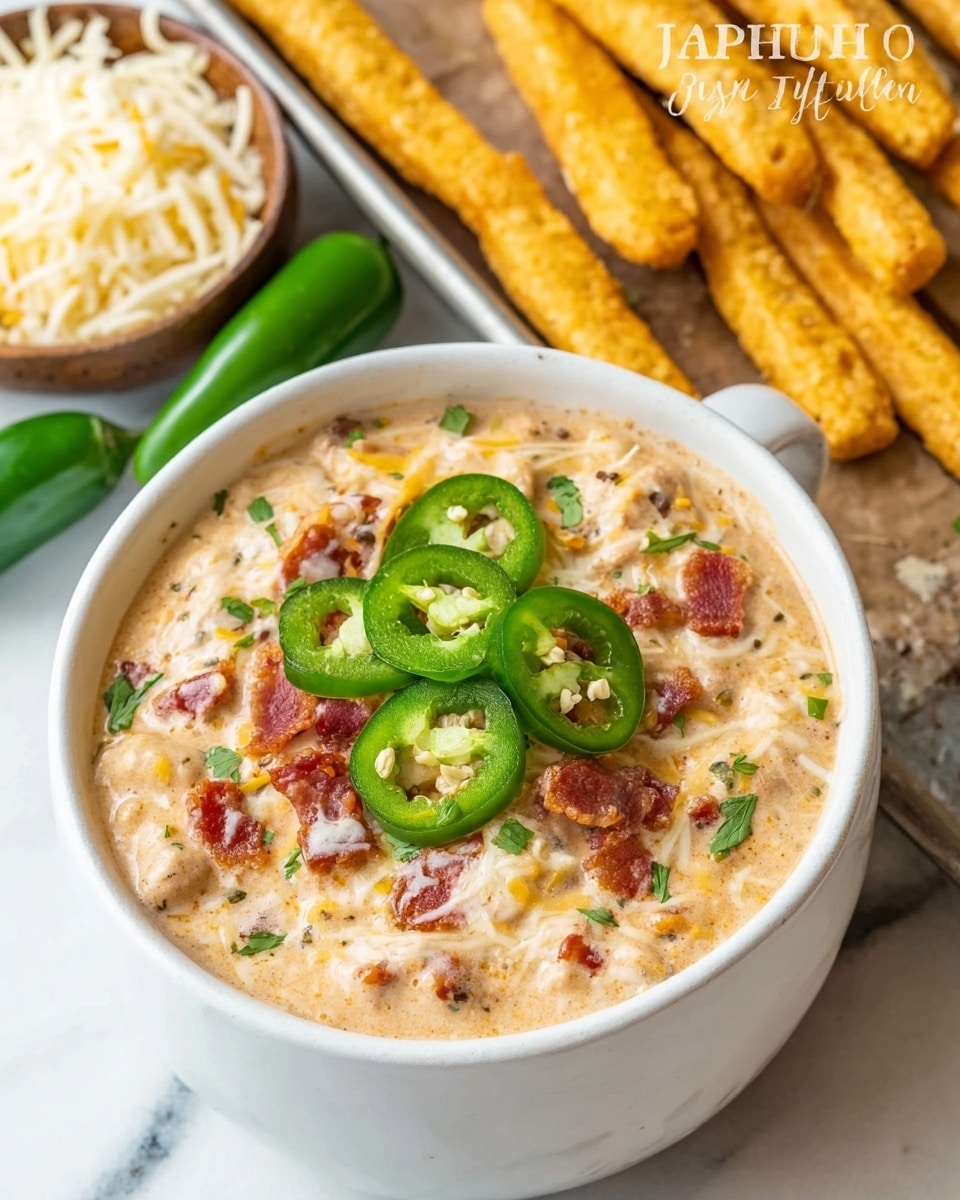 The image shows a white bowl filled with creamy chili that has a light beige color mixed with pieces of bacon and melted cheese. On top, there are thin, round slices of fresh green jalapeno peppers arranged in the center, adding a pop of bright green. The chili has a thick texture with visible bits of bacon and cheese melted in it. Behind the bowl, there are several golden brown corn sticks laid out on a baking sheet, and shredded white cheese beside them. The whole scene sits on a white marbled surface, giving a clean and bright look to the setting. Photo taken with an iphone --ar 4:5 --v 7