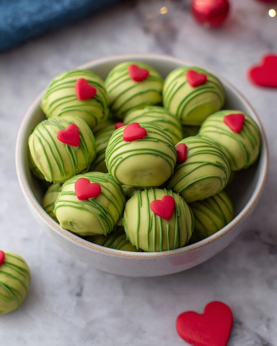 The image shows a bowl full of small round green sweets, each decorated with thin lines of green drizzle and topped with a small red heart shape. The sweets have a smooth and slightly shiny texture, and they are closely packed inside a white bowl that sits on a white marbled surface. Around the bowl, a few red heart shapes are scattered, adding a touch of color to the scene. The colors are mostly green and red with a neutral background, giving the image a fresh and festive look. photo taken with an iphone --ar 4:5 --v 7