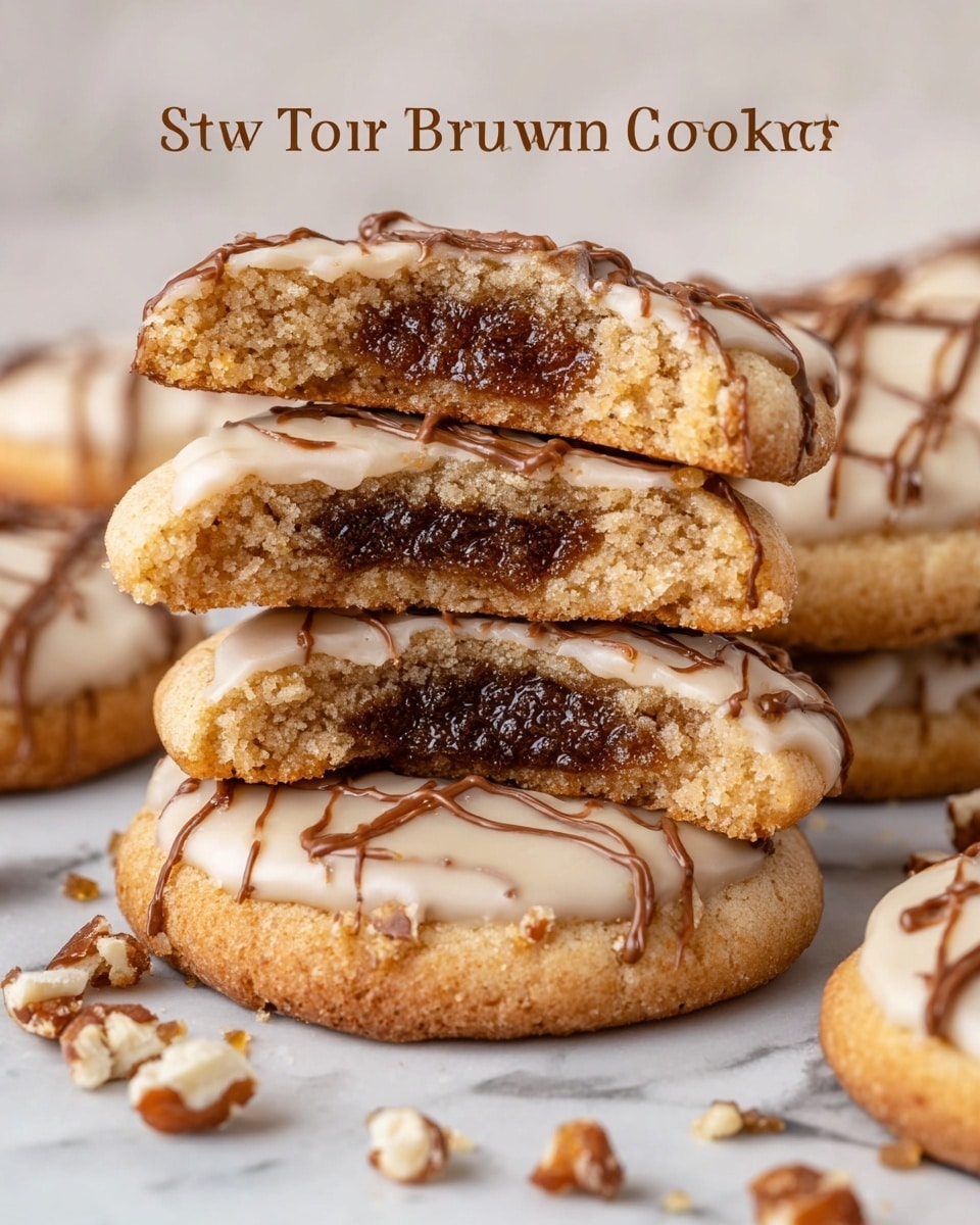 The image shows a group of round cookies arranged on a white marbled surface, each cookie having two layers: a soft golden dough base and a gooey dark brown sugar filling visible in the cookies that are broken in half. The top layer is covered with a light tan icing that has a smooth, glossy texture with thin darker brown lines drizzled across some cookies. Small chunks of pecans and cinnamon sticks are scattered around for decoration. The cookies look soft and moist with a slightly crumbly texture around the edges, and the colors range from golden brown to rich, dark brown with a creamy overlay of icing. Photo taken with an iphone --ar 4:5 --v 7
