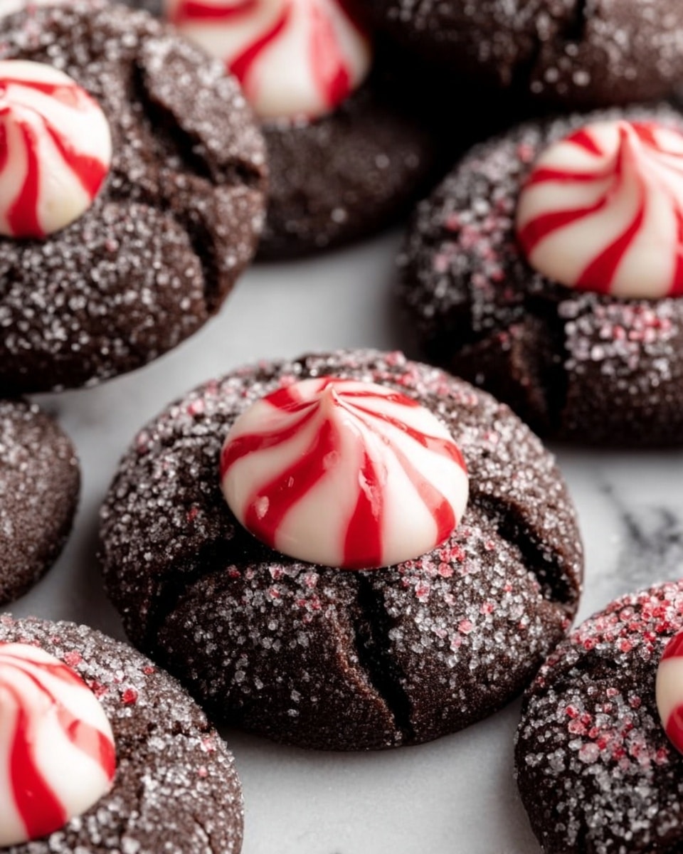 The image shows close-up soft chocolate cookies with a dark, almost black color covered in a sprinkle of granulated sugar. Each cookie has a white and red striped peppermint candy piece placed in the center, slightly pressed into the soft cookie, with red stripes curving around the white base giving a festive look. The cookies are laid out closely on a white marbled surface, highlighting their dark texture and the contrast of the bright peppermint candies. Photo taken with an iphone --ar 4:5 --v 7
