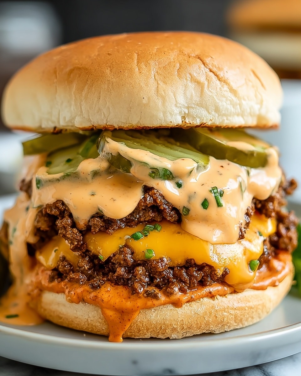 A close-up image of a tall cheeseburger with five visible layers inside a soft, light brown bun topped with green herb bits. From bottom to top, the first layer is a thick spread of orange sauce on the bottom bun, followed by a crumbled ground beef patty mixed with melted bright yellow cheddar cheese. Above this is a generous drizzle of creamy light orange sauce with visible black pepper specks, holding multiple green pickle slices that peek out from beneath the top bun. The burger sits on a white plate on a white marbled surface, with some sauce dripping slightly onto the plate. Photo taken with an iphone --ar 4:5 --v 7