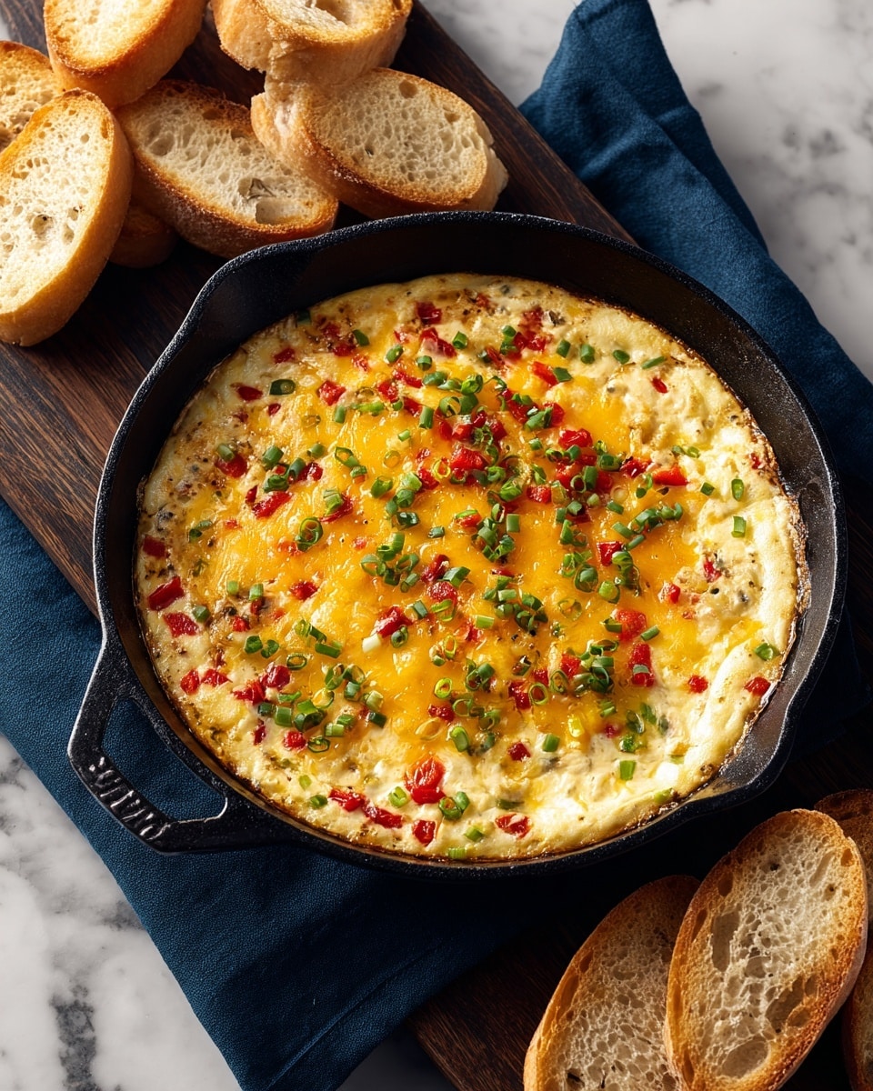 The image shows a black cast iron skillet placed on a dark wooden board over a navy blue cloth, all set on a white marbled surface. Inside the skillet is a creamy egg base covered with a layer of melted yellow cheddar cheese that has browned spots, mixed with small pieces of red bell pepper and topped with chopped green onions scattered evenly across. Surrounding the skillet are slices of toasted bread with a golden crust and soft interiors, ready to be dipped into the cheesy egg mixture. Photo taken with an iphone --ar 4:5 --v 7