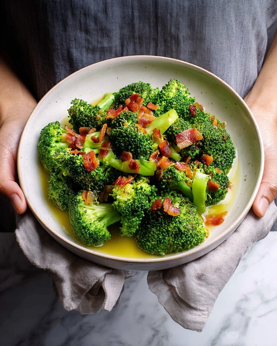 A white bowl filled with bright green broccoli florets topped with small pieces of crispy reddish-brown bacon, all covered in a glossy light sauce with bits of minced garlic or seasoning. The broccoli looks fresh and slightly steamed with a firm texture. The bowl is held by a person with a gray cloth in their hands, and the background has a subtle white marbled texture. photo taken with an iphone --ar 4:5 --v 7
