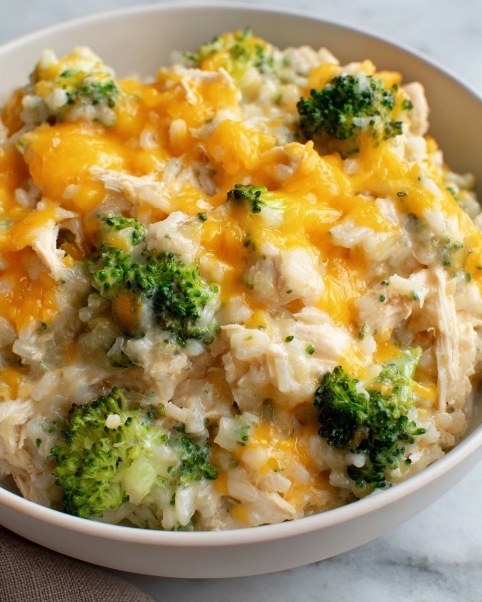 A close-up view of a creamy dish in a white bowl, showing soft layers of white rice mixed with light-colored chunks of chicken and bright green broccoli florets. The top layer is covered with melted golden-yellow cheese, creating a gooey texture that blends smoothly with the creamy rice and vegetables below. The broccoli pieces are fresh and slightly crisp, contrasting with the tender chicken and soft rice, all sitting together with a rich, shiny sauce. The background features a white marbled texture that brings out the colors of the food. photo taken with an iphone --ar 4:5 --v 7