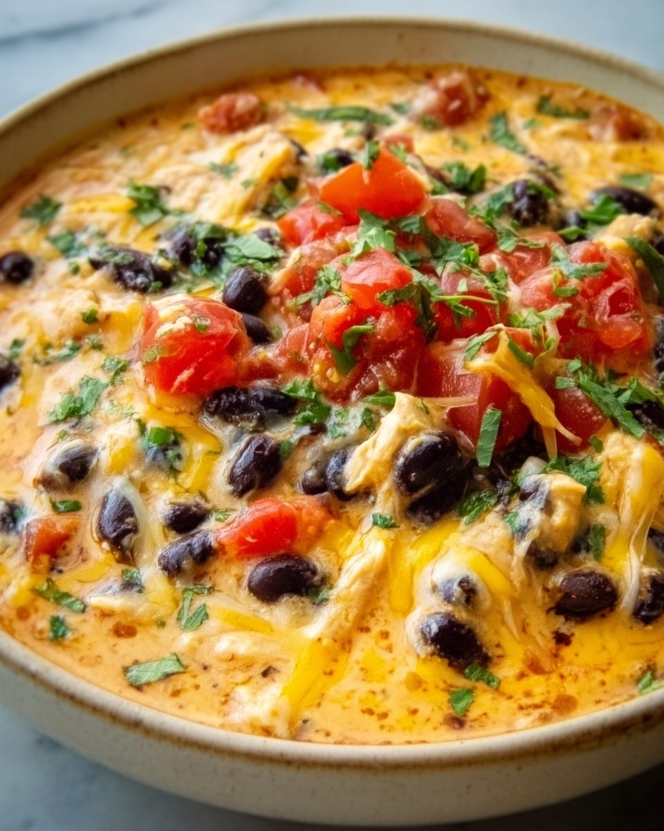 A close-up of a creamy dip in a white bowl, filled with melted cheese that looks soft and gooey, topped with whole black beans scattered evenly across the surface, bright red tomato pieces adding color on top, and small bits of green herbs sprinkled all around. The dip has a smooth, thick texture with some melted yellow cheese strands melting over the sides. The white bowl sits on a white marbled surface. photo taken with an iphone --ar 4:5 --v 7