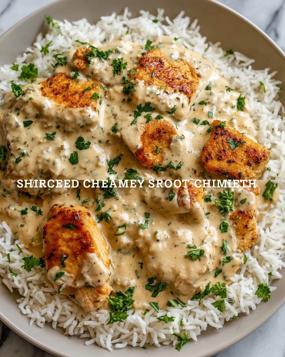 The image shows a white bowl filled with a base layer of fluffy white rice, evenly spread out. On top of the rice are several pieces of golden-brown chicken, grilled with slight char marks and placed to cover most of the rice. The chicken pieces are smothered in a thick, creamy beige sauce that has a smooth texture and is scattered with tiny black pepper and herb bits. Fresh green parsley leaves are sprinkled on top as a finishing touch, adding a hint of color contrast. The bowl sits on a white marbled surface. photo taken with an iphone --ar 4:5 --v 7