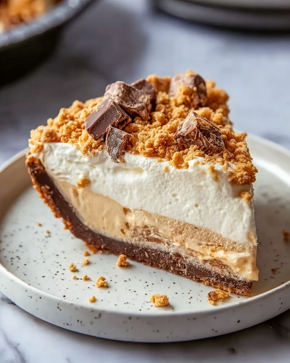 A single slice of pie with four visible layers is shown on a white plate with light speckles. The bottom layer is a dark brown crust, followed by a creamy, light brown filling with a soft texture. Above that is a thick, white, fluffy cream layer. The pie is topped with crumbled pieces of a crumbly, golden brown topping mixed with small chunks of chocolate. The plate sits on a white marbled surface. Photo taken with an iphone --ar 4:5 --v 7