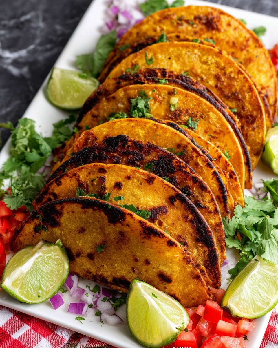 A row of six golden-brown crispy tacos folded in half, each showing slight charring and crispy edges, lined up diagonally on a white plate with a dark rim. Around the tacos are scattered small pieces of bright red chopped chili and some chopped purple onion, adding color contrast. Fresh green cilantro leaves are placed at the bottom and sides of the tacos, with three lime wedges, two whole and one sliced, positioned among the tacos near the top right corner. The plate sits on a white marbled surface with a red and white checked cloth slightly visible underneath. photo taken with an iphone --ar 4:5 --v 7
