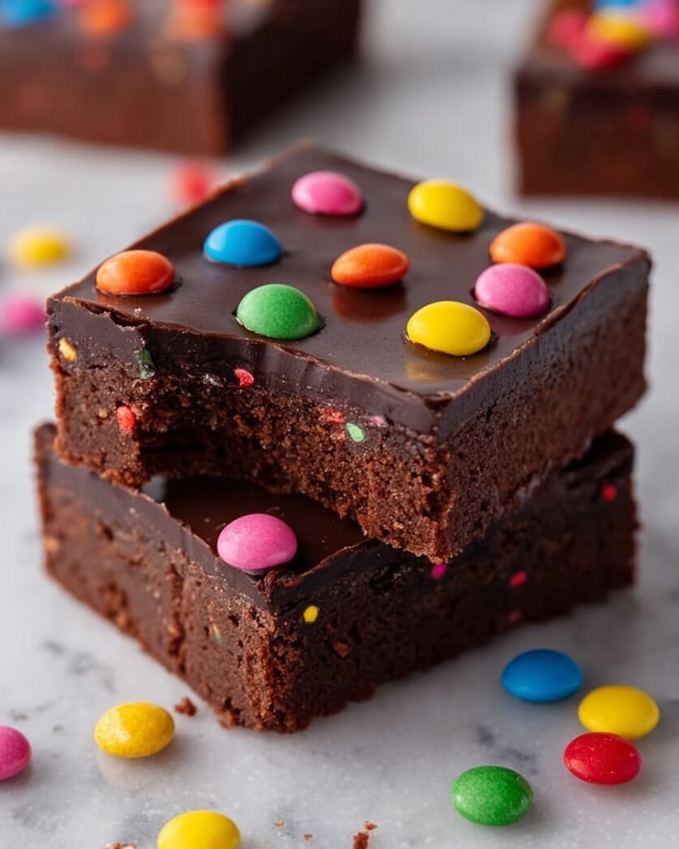 The image shows two stacked chocolate brownies with a smooth, glossy dark chocolate layer on top. The top brownie has a bite taken out of its corner, revealing a moist and dense brown inside layer. On top of the chocolate layer are small, round, and heart-shaped colorful candy sprinkles in bright colors like red, blue, yellow, orange, pink, and green, scattered unevenly. The brownies rest on a white marbled surface with more of the same colorful candy sprinkles scattered around. In the background, there is a white bowl filled with the same vibrant candy sprinkles, slightly out of focus. photo taken with an iphone --ar 4:5 --v 7
