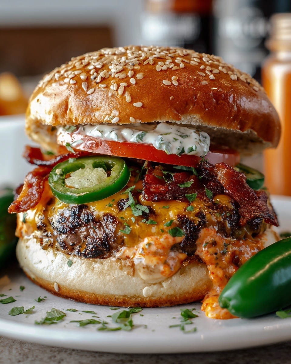 This close-up image shows a tall burger with several layers, all on a white plate against a white marbled texture. The bottom layer is a light golden toasted bun with some herbs and sauce spread on it. On top sits a thick, juicy grilled beef patty covered with melted yellow cheddar cheese that drips over the sides. Above the cheese-covered patty are green pickled jalapeño slices and crispy brown bacon strips, sprinkled with small green herb pieces. There is a bright red tomato slice layered just under a thick spread of creamy white sauce with visible herb bits. The top is a glossy golden sesame seed bun with a shiny, slightly toasted surface. In the blurred background, there is a jar of red sauce and two green jalapeños. photo taken with an iphone --ar 4:5 --v 7