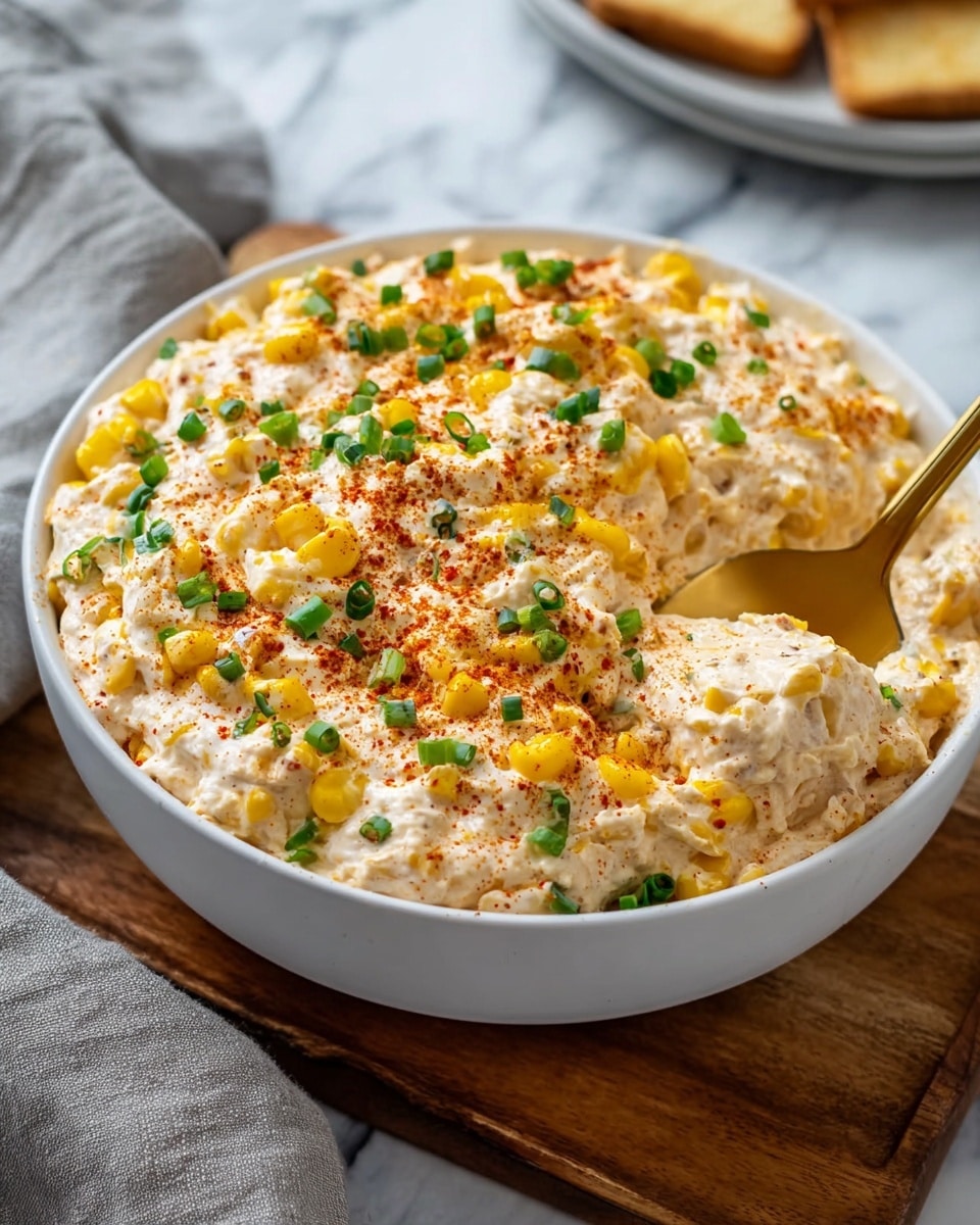 A large white bowl filled with a creamy dip that has a thick, textured surface showing mixed layers of white creamy base and chunks of yellow corn and shredded chicken. The dip is topped with small green chopped herbs and a light sprinkle of red seasoning. A gold spoon is partially dipped into the bowl on the right side. The bowl sits on a wooden board placed on a white marbled surface. photo taken with an iphone --ar 4:5 --v 7