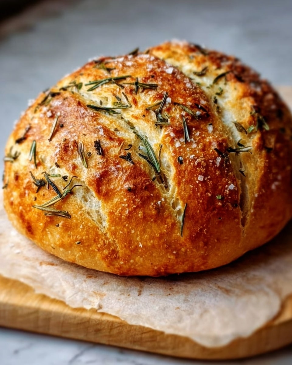 A round loaf of bread with a golden brown crust sits on a light wooden board over a white marbled surface. The bread has five deep cuts on top, each filled with green rosemary sprigs. The crust is sprinkled with coarse salt, and some areas show a slightly darker, toasted color. The texture looks crispy with visible herbs and occasional cracks. The photo taken with an iphone --ar 4:5 --v 7