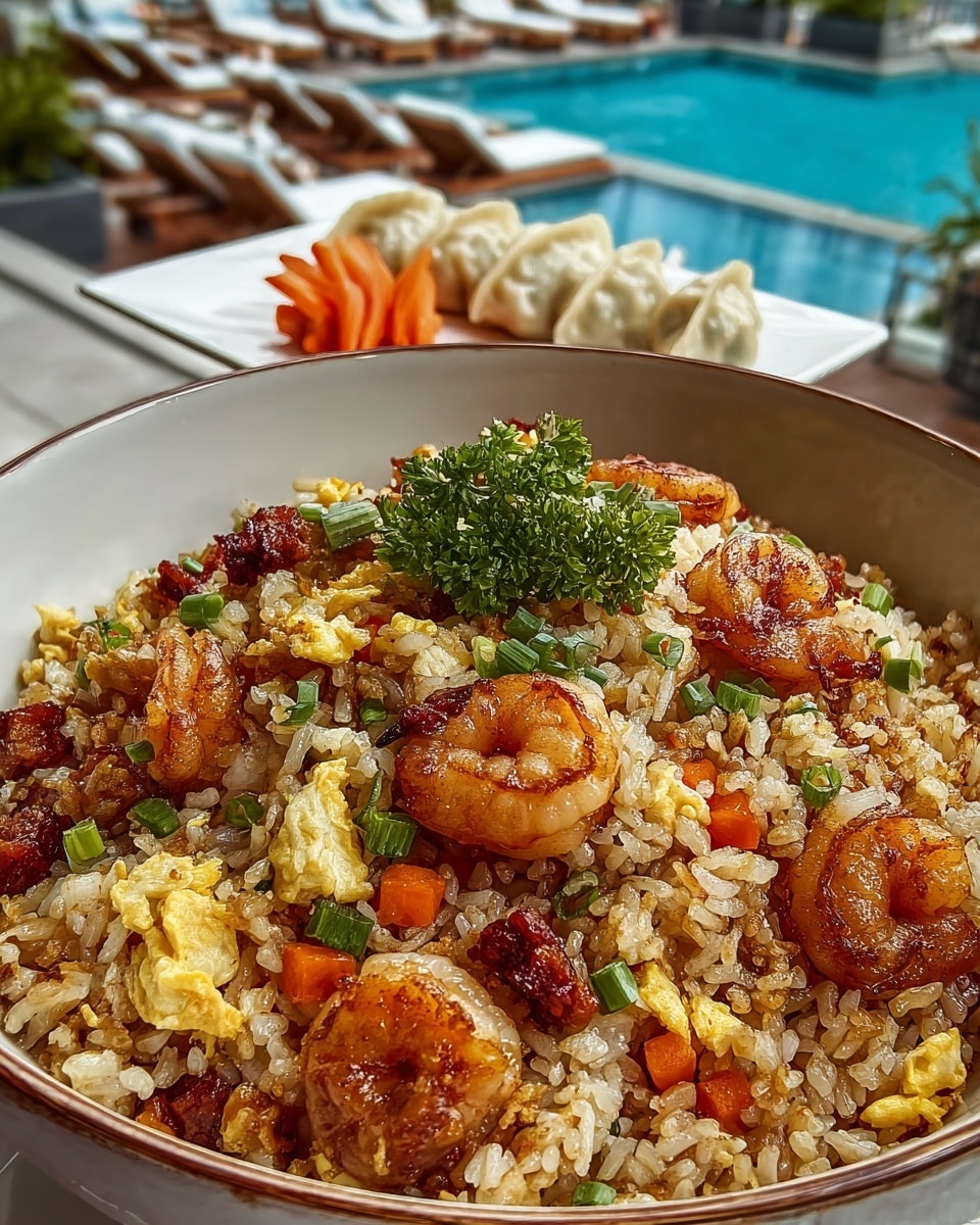 The image shows a large white bowl filled with fried rice that has several layers of ingredients like light brown cooked rice, bright yellow scrambled eggs, golden brown crispy pieces of fried chicken, small orange diced carrots, and scattered green sliced spring onions. There are also small red chili pieces and sesame seeds sprinkled on top. In the center, a fresh curly green parsley adds color. Behind the bowl, on a white plate, there are white steamed dumplings with a glossy soy sauce and thin orange carrot slices. The background displays a blue swimming pool and green plants, with everything placed on a white marbled surface. photo taken with an iphone --ar 4:5 --v 7