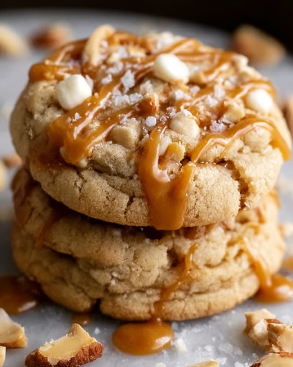 Two thick, soft cookies stacked on top of each other on a white plate, each cookie golden brown with cracks on the surface showing a chewy texture. The top cookie is sprinkled with small pieces of chopped nuts and drizzled with a shiny caramel sauce that flows slightly down the sides. The background is a white marbled texture. Photo taken with an iphone --ar 4:5 --v 7