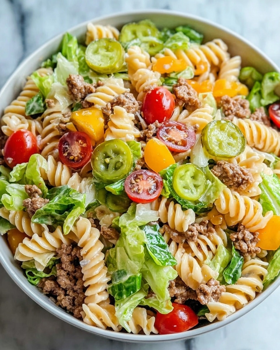 The image shows a white bowl filled with a colorful pasta salad on a white marbled surface. The dish has three main layers: the bottom layer is a mix of spiral rotini pasta in a light beige color, the middle layer contains pieces of green lettuce with a fresh, leafy texture, and the top layer features small meat crumbles in brown, halved bright red and yellow cherry tomatoes, and green pickle slices adding a glossy finish. All ingredients are mixed well, creating a vibrant and fresh look. photo taken with an iphone --ar 4:5 --v 7